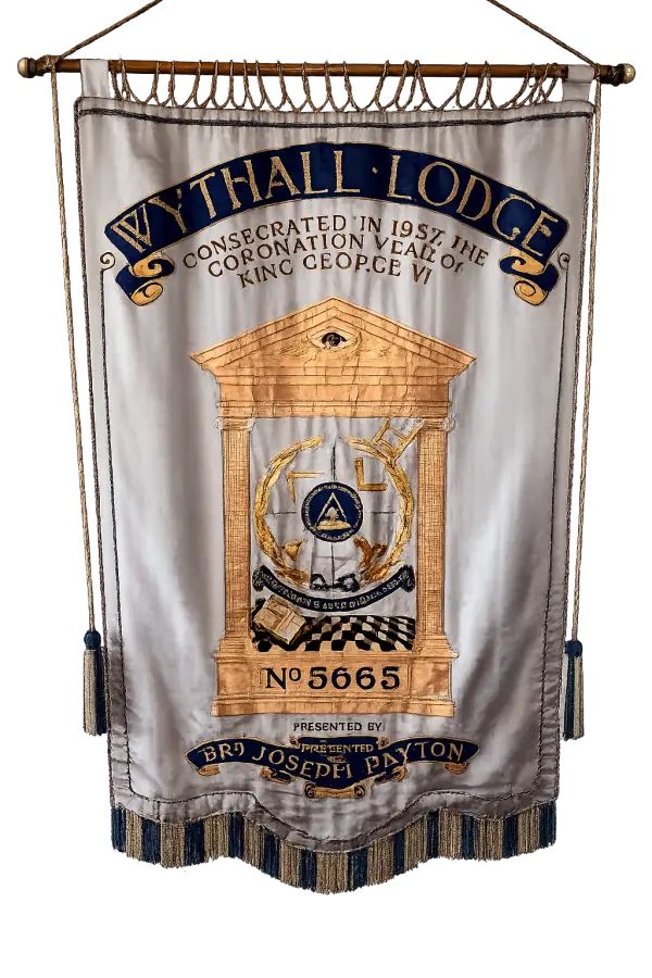The embroidered banner of Wythall Lodge No. 5665, recording its consecration in 1937, the coronation year of King George VI, presented by Bro Joseph Payton